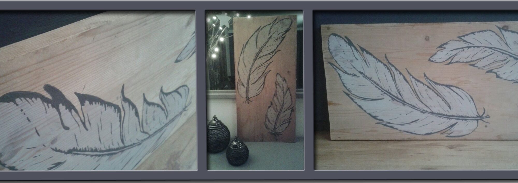 schilderij op hout: twee veren 85 euro